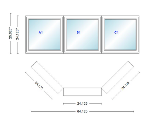 Andersen 400 Series Casement Bay Window Left-Stationary-Right 64 1/8" Wide Casement With Casement Flankers 45 Degree Angle Of Deflection Vinyl Exterior Wood Interior Low-E4 Dual Pane Argon Gas