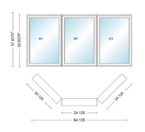 Andersen 400 Series Casement Bay Window Left-Stationary-Right 64 1/8" Wide Casement With Casement Flankers 45 Degree Angle Of Deflection Vinyl Exterior Wood Interior Low-E4 Dual Pane Argon Gas