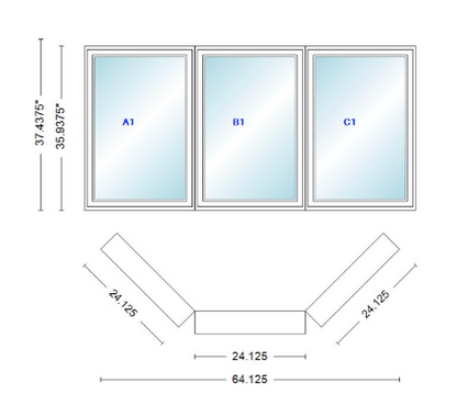 Andersen 400 Series Casement Bay Window Left-Stationary-Right 64 1/8" Wide Casement With Casement Flankers 45 Degree Angle Of Deflection Vinyl Exterior Wood Interior Low-E4 Dual Pane Argon Gas