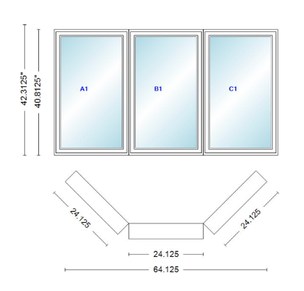 Andersen 400 Series Casement Bay Window Left-Stationary-Right 64 1/8" Wide Casement With Casement Flankers 45 Degree Angle Of Deflection Vinyl Exterior Wood Interior Low-E4 Dual Pane Argon Gas