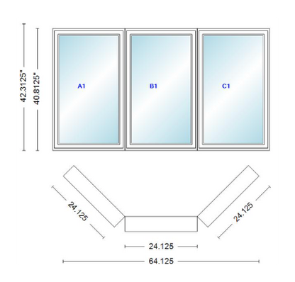 Andersen 400 Series Casement Bay Window Left-Stationary-Right 64 1/8" Wide Casement With Casement Flankers 45 Degree Angle Of Deflection Vinyl Exterior Wood Interior Low-E4 Dual Pane Argon Gas