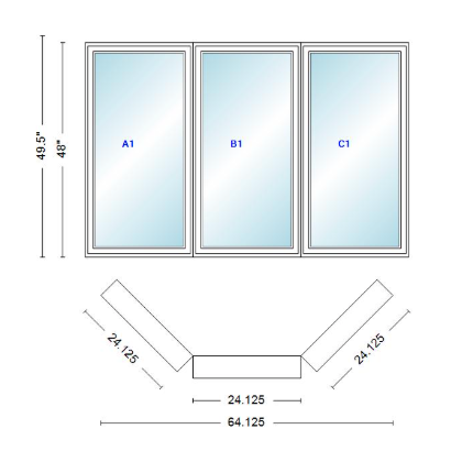 Andersen 400 Series Casement Bay Window Left-Stationary-Right 64 1/8" Wide Casement With Casement Flankers 45 Degree Angle Of Deflection Vinyl Exterior Wood Interior Low-E4 Dual Pane Argon Gas
