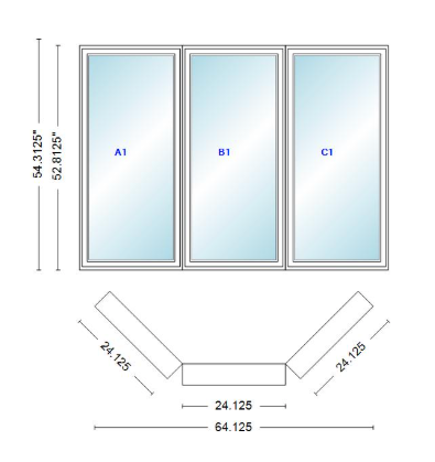 Andersen 400 Series Casement Bay Window Left-Stationary-Right 64 1/8" Wide Casement With Casement Flankers 45 Degree Angle Of Deflection Vinyl Exterior Wood Interior Low-E4 Dual Pane Argon Gas