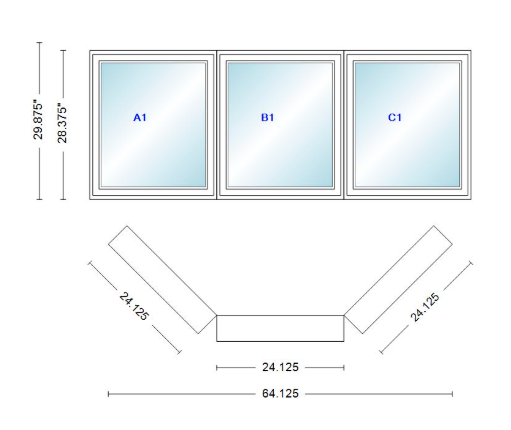 Andersen 400 Series Casement Bay Window Left-Stationary-Right 64 1/8" Wide Casement With Casement Flankers 45 Degree Angle Of Deflection Vinyl Exterior Wood Interior Low-E4 Dual Pane Argon Gas
