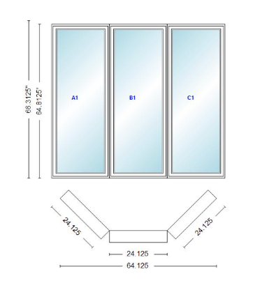 Andersen 400 Series Casement Bay Window Left-Stationary-Right 64 1/8" Wide Casement With Casement Flankers 45 Degree Angle Of Deflection Vinyl Exterior Wood Interior Low-E4 Dual Pane Argon Gas