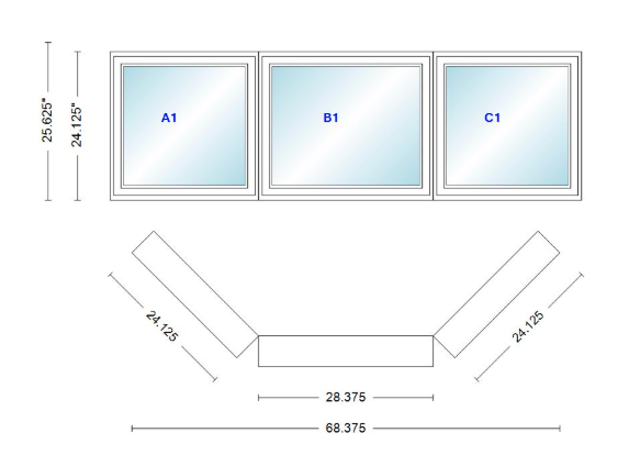 Andersen 400 Series Casement Bay Window Left-Stationary-Right 68 3/8" Wide Casement With Casement Flankers 45 Degree Angle Of Deflection Vinyl Exterior Wood Interior Low-E4 Dual Pane Argon Gas