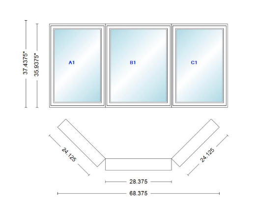 Andersen 400 Series Casement Bay Window Left-Stationary-Right 68 3/8" Wide Casement With Casement Flankers 45 Degree Angle Of Deflection Vinyl Exterior Wood Interior Low-E4 Dual Pane Argon Gas