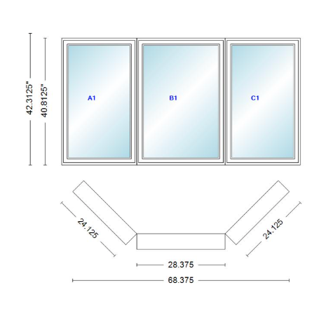 Andersen 400 Series Casement Bay Window Left-Stationary-Right 68 3/8" Wide Casement With Casement Flankers 45 Degree Angle Of Deflection Vinyl Exterior Wood Interior Low-E4 Dual Pane Argon Gas