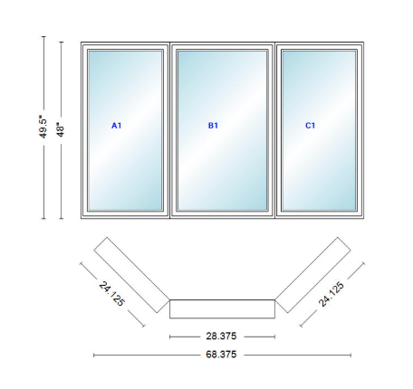 Andersen 400 Series Casement Bay Window Left-Stationary-Right 68 3/8" Wide Casement With Casement Flankers 45 Degree Angle Of Deflection Vinyl Exterior Wood Interior Low-E4 Dual Pane Argon Gas