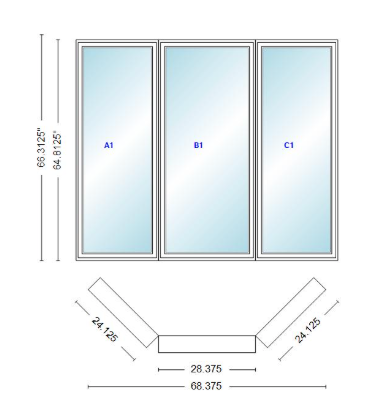 Andersen 400 Series Casement Bay Window Left-Stationary-Right 68 3/8" Wide Casement With Casement Flankers 45 Degree Angle Of Deflection Vinyl Exterior Wood Interior Low-E4 Dual Pane Argon Gas