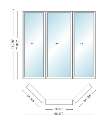 Andersen 400 Series Casement Bay Window Left-Stationary-Right 68 3/8" Wide Casement With Casement Flankers 45 Degree Angle Of Deflection Vinyl Exterior Wood Interior Low-E4 Dual Pane Argon Gas