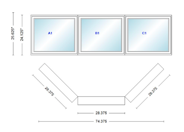 Andersen 400 Series Casement Bay Window Left-Stationary-Right 74 3/8" Wide Casement With Casement Flankers 45 Degree Angle Of Deflection Vinyl Exterior Wood Interior Low-E4 Dual Pane Argon Gas