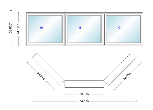 Andersen 400 Series Casement Bay Window Left-Stationary-Right 74 3/8" Wide Casement With Casement Flankers 45 Degree Angle Of Deflection Vinyl Exterior Wood Interior Low-E4 Dual Pane Argon Gas