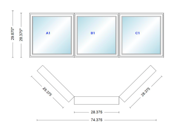 Andersen 400 Series Casement Bay Window Left-Stationary-Right 74 3/8" Wide Casement With Casement Flankers 45 Degree Angle Of Deflection Vinyl Exterior Wood Interior Low-E4 Dual Pane Argon Gas