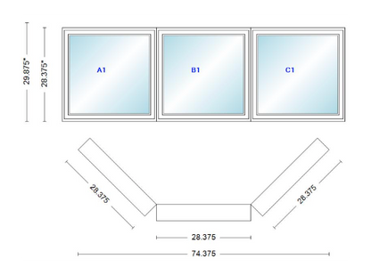 Andersen 400 Series Casement Bay Window Left-Stationary-Right 74 3/8" Wide Casement With Casement Flankers 45 Degree Angle Of Deflection Vinyl Exterior Wood Interior Low-E4 Dual Pane Argon Gas