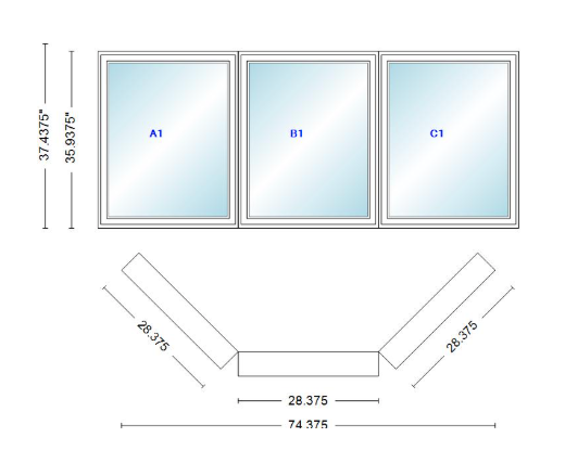 Andersen 400 Series Casement Bay Window Left-Stationary-Right 74 3/8" Wide Casement With Casement Flankers 45 Degree Angle Of Deflection Vinyl Exterior Wood Interior Low-E4 Dual Pane Argon Gas