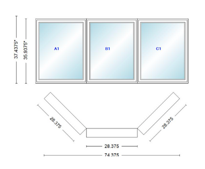 Andersen 400 Series Casement Bay Window Left-Stationary-Right 74 3/8" Wide Casement With Casement Flankers 45 Degree Angle Of Deflection Vinyl Exterior Wood Interior Low-E4 Dual Pane Argon Gas