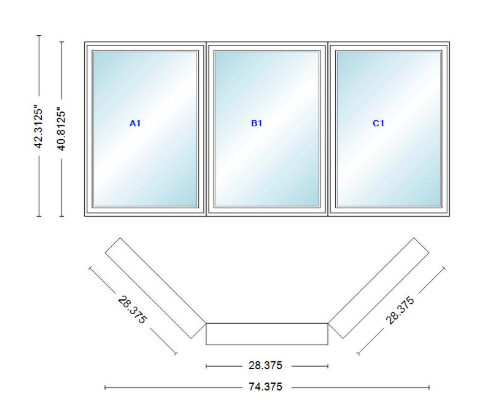 Andersen 400 Series Casement Bay Window Left-Stationary-Right 74 3/8" Wide Casement With Casement Flankers 45 Degree Angle Of Deflection Vinyl Exterior Wood Interior Low-E4 Dual Pane Argon Gas