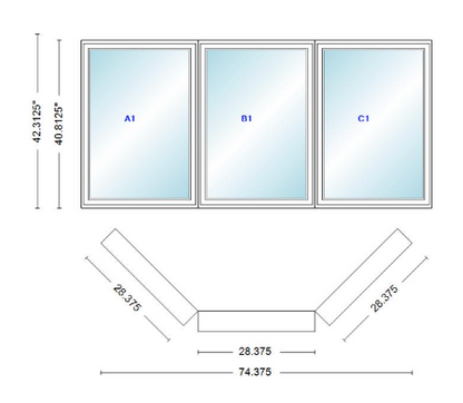 Andersen 400 Series Casement Bay Window Left-Stationary-Right 74 3/8" Wide Casement With Casement Flankers 45 Degree Angle Of Deflection Vinyl Exterior Wood Interior Low-E4 Dual Pane Argon Gas