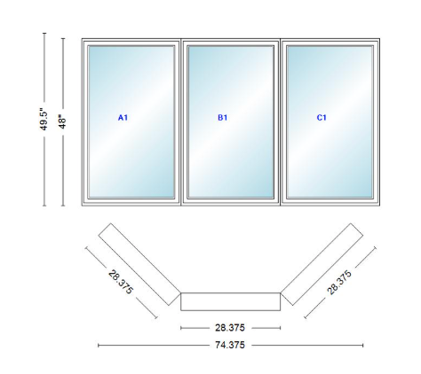 Andersen 400 Series Casement Bay Window Left-Stationary-Right 74 3/8" Wide Casement With Casement Flankers 45 Degree Angle Of Deflection Vinyl Exterior Wood Interior Low-E4 Dual Pane Argon Gas