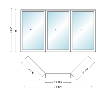 Andersen 400 Series Casement Bay Window Left-Stationary-Right 74 3/8" Wide Casement With Casement Flankers 45 Degree Angle Of Deflection Vinyl Exterior Wood Interior Low-E4 Dual Pane Argon Gas