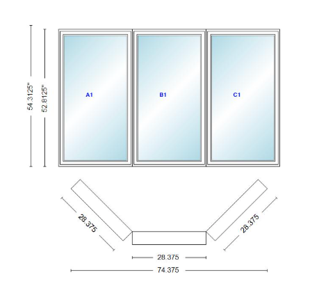 Andersen 400 Series Casement Bay Window Left-Stationary-Right 74 3/8" Wide Casement With Casement Flankers 45 Degree Angle Of Deflection Vinyl Exterior Wood Interior Low-E4 Dual Pane Argon Gas