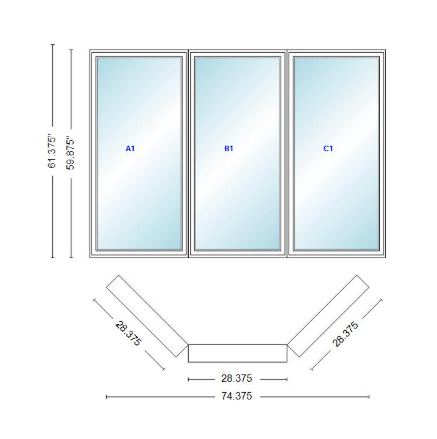Andersen 400 Series Casement Bay Window Left-Stationary-Right 74 3/8" Wide Casement With Casement Flankers 45 Degree Angle Of Deflection Vinyl Exterior Wood Interior Low-E4 Dual Pane Argon Gas