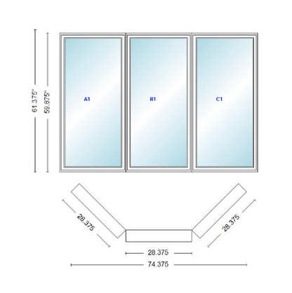 Andersen 400 Series Casement Bay Window Left-Stationary-Right 74 3/8" Wide Casement With Casement Flankers 45 Degree Angle Of Deflection Vinyl Exterior Wood Interior Low-E4 Dual Pane Argon Gas