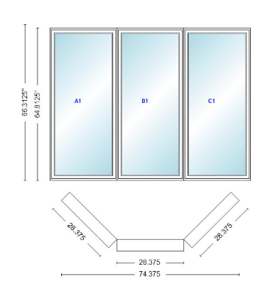 Andersen 400 Series Casement Bay Window Left-Stationary-Right 74 3/8" Wide Casement With Casement Flankers 45 Degree Angle Of Deflection Vinyl Exterior Wood Interior Low-E4 Dual Pane Argon Gas