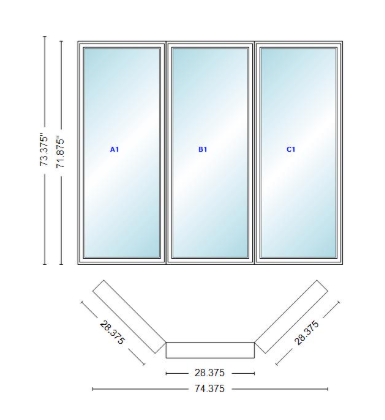Andersen 400 Series Casement Bay Window Left-Stationary-Right 74 3/8" Wide Casement With Casement Flankers 45 Degree Angle Of Deflection Vinyl Exterior Wood Interior Low-E4 Dual Pane Argon Gas
