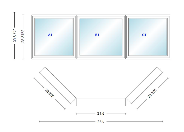 Andersen 400 Series Casement Bay Window Left-Stationary-Right 77 1/2" Wide Casement With Casement Flankers 45 Degree Angle Of Deflection Vinyl Exterior Wood Interior Low-E4 Dual Pane Argon Gas
