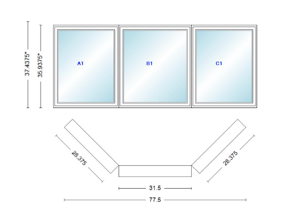 Andersen 400 Series Casement Bay Window Left-Stationary-Right 77 1/2" Wide Casement With Casement Flankers 45 Degree Angle Of Deflection Vinyl Exterior Wood Interior Low-E4 Dual Pane Argon Gas