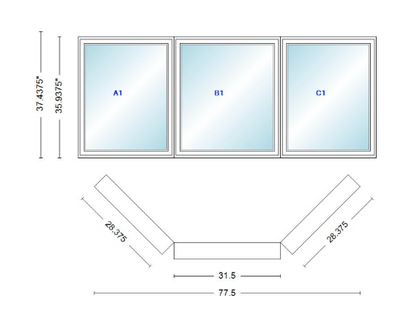 Andersen 400 Series Casement Bay Window Left-Stationary-Right 77 1/2" Wide Casement With Casement Flankers 45 Degree Angle Of Deflection Vinyl Exterior Wood Interior Low-E4 Dual Pane Argon Gas