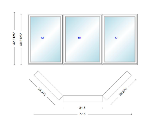Andersen 400 Series Casement Bay Window Left-Stationary-Right 77 1/2" Wide Casement With Casement Flankers 45 Degree Angle Of Deflection Vinyl Exterior Wood Interior Low-E4 Dual Pane Argon Gas
