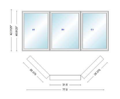 Andersen 400 Series Casement Bay Window Left-Stationary-Right 77 1/2" Wide Casement With Casement Flankers 45 Degree Angle Of Deflection Vinyl Exterior Wood Interior Low-E4 Dual Pane Argon Gas