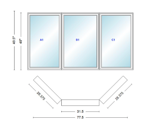 Andersen 400 Series Casement Bay Window Left-Stationary-Right 77 1/2" Wide Casement With Casement Flankers 45 Degree Angle Of Deflection Vinyl Exterior Wood Interior Low-E4 Dual Pane Argon Gas