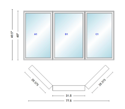 Andersen 400 Series Casement Bay Window Left-Stationary-Right 77 1/2" Wide Casement With Casement Flankers 45 Degree Angle Of Deflection Vinyl Exterior Wood Interior Low-E4 Dual Pane Argon Gas
