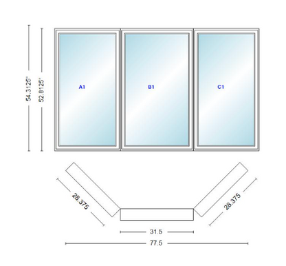 Andersen 400 Series Casement Bay Window Left-Stationary-Right 77 1/2" Wide Casement With Casement Flankers 45 Degree Angle Of Deflection Vinyl Exterior Wood Interior Low-E4 Dual Pane Argon Gas