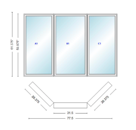 Andersen 400 Series Casement Bay Window Left-Stationary-Right 77 1/2" Wide Casement With Casement Flankers 45 Degree Angle Of Deflection Vinyl Exterior Wood Interior Low-E4 Dual Pane Argon Gas