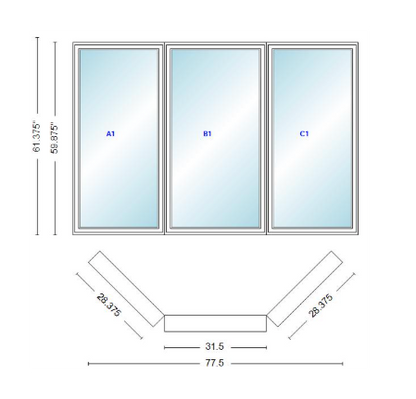Andersen 400 Series Casement Bay Window Left-Stationary-Right 77 1/2" Wide Casement With Casement Flankers 45 Degree Angle Of Deflection Vinyl Exterior Wood Interior Low-E4 Dual Pane Argon Gas