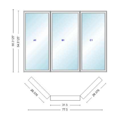 Andersen 400 Series Casement Bay Window Left-Stationary-Right 77 1/2" Wide Casement With Casement Flankers 45 Degree Angle Of Deflection Vinyl Exterior Wood Interior Low-E4 Dual Pane Argon Gas
