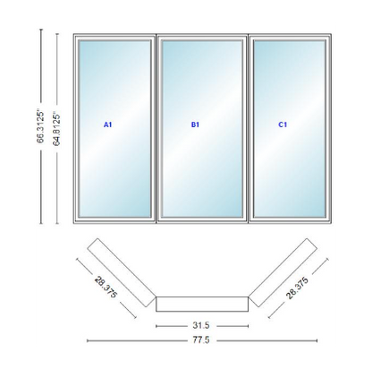 Andersen 400 Series Casement Bay Window Left-Stationary-Right 77 1/2" Wide Casement With Casement Flankers 45 Degree Angle Of Deflection Vinyl Exterior Wood Interior Low-E4 Dual Pane Argon Gas