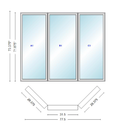 Andersen 400 Series Casement Bay Window Left-Stationary-Right 77 1/2" Wide Casement With Casement Flankers 45 Degree Angle Of Deflection Vinyl Exterior Wood Interior Low-E4 Dual Pane Argon Gas