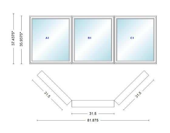 Andersen 400 Series Casement Bay Window Left-Stationary-Right 81 7/8" Wide Casement With Casement Flankers 45 Degree Angle Of Deflection Vinyl Exterior Wood Interior Low-E4 Dual Pane Argon Gas