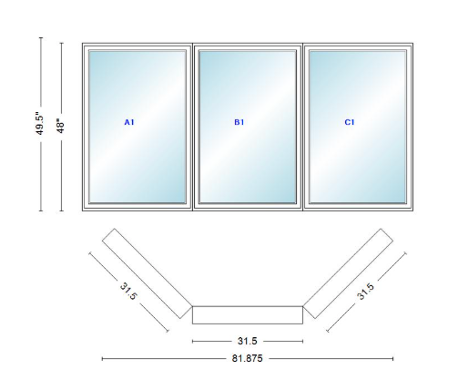 Andersen 400 Series Casement Bay Window Left-Stationary-Right 81 7/8" Wide Casement With Casement Flankers 45 Degree Angle Of Deflection Vinyl Exterior Wood Interior Low-E4 Dual Pane Argon Gas