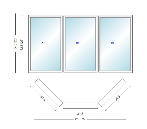 Andersen 400 Series Casement Bay Window Left-Stationary-Right 81 7/8" Wide Casement With Casement Flankers 45 Degree Angle Of Deflection Vinyl Exterior Wood Interior Low-E4 Dual Pane Argon Gas