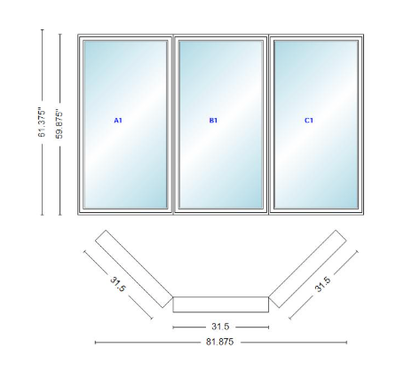 Andersen 400 Series Casement Bay Window Left-Stationary-Right 81 7/8" Wide Casement With Casement Flankers 45 Degree Angle Of Deflection Vinyl Exterior Wood Interior Low-E4 Dual Pane Argon Gas