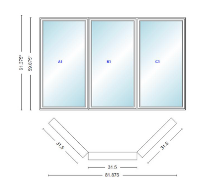 Andersen 400 Series Casement Bay Window Left-Stationary-Right 81 7/8" Wide Casement With Casement Flankers 45 Degree Angle Of Deflection Vinyl Exterior Wood Interior Low-E4 Dual Pane Argon Gas