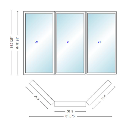 Andersen 400 Series Casement Bay Window Left-Stationary-Right 81 7/8" Wide Casement With Casement Flankers 45 Degree Angle Of Deflection Vinyl Exterior Wood Interior Low-E4 Dual Pane Argon Gas