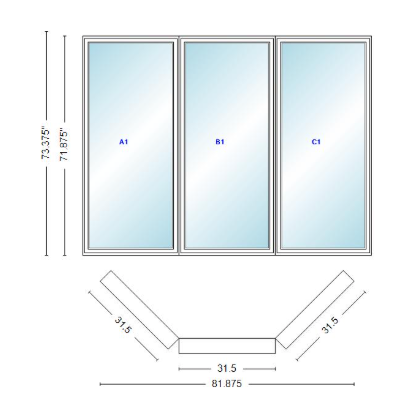 Andersen 400 Series Casement Bay Window Left-Stationary-Right 81 7/8" Wide Casement With Casement Flankers 45 Degree Angle Of Deflection Vinyl Exterior Wood Interior Low-E4 Dual Pane Argon Gas